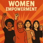 Strong diverse women raising fists with “Women Empowerment” title – ideal image for women empowerment essay.