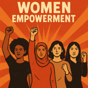 Strong diverse women raising fists with “Women Empowerment” title – ideal image for women empowerment essay.