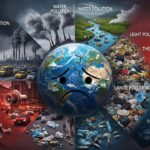 Diagram showing the pollution essay, causes, effects, and solutions of pollution in air, water, and land."