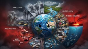 Diagram showing the pollution essay, causes, effects, and solutions of pollution in air, water, and land."