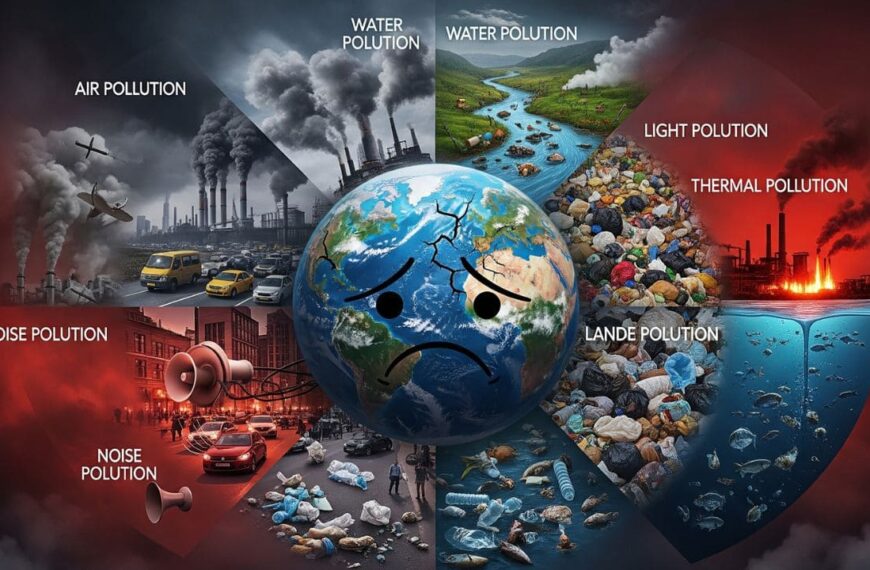 Diagram showing the pollution essay, causes, effects, and solutions of pollution in air, water, and land."